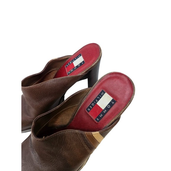Vintage Y2K Tommy Hilfiger 6 Brown Leather Heel Chunky Mule Lug Sole Boho Grunge - Picture 4 of 6